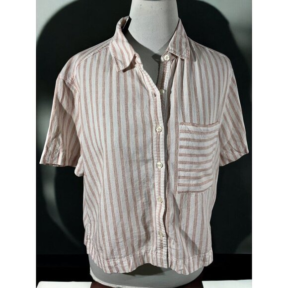 Forever 21 Womens Short Sleeve Peach Cream Striped Button Down Crop Linen Medium - Picture 9 of 9